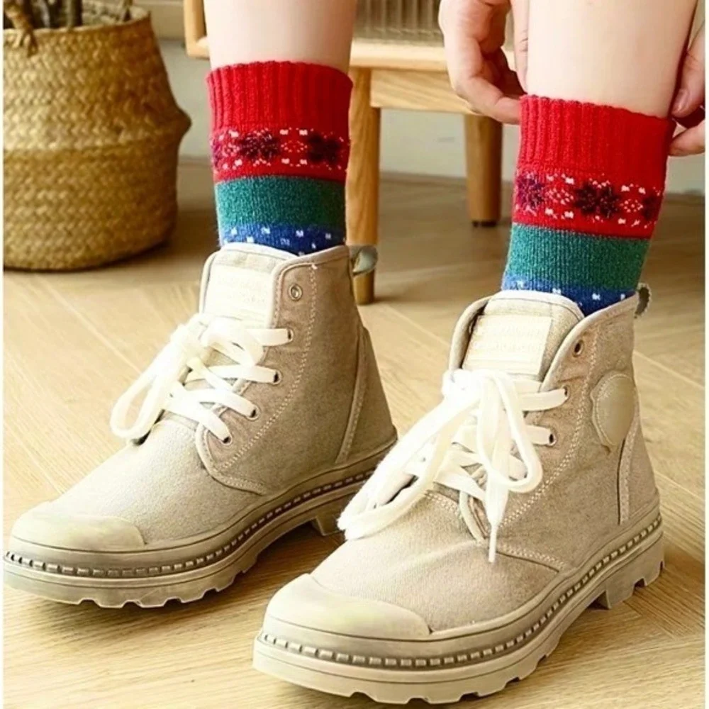Merino Wool Thermal Winter Socks Multicolor Striped Snowflake LARGE Youth Unisex